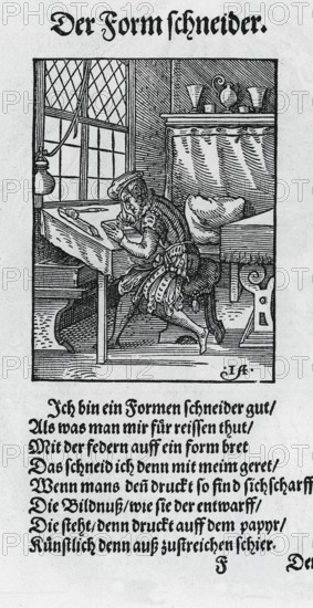 Der Formstecher, Beschreibung aller Stände auf Erden, 1568, woodcut by Jost Amman from Könnecke Bilderatlas zur Geschichte der Deutschen Litteratur Marburg, 1887Der Buchdrucker, 1887