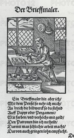 The epistolary painter, description of all classes on earth, 1568, woodcut by Jost Amman from Könnecke Bilderatlas zur Geschichte der Deutschen Litteratur Marburg, 1887