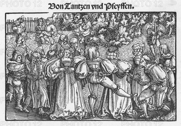 Dancing and whistling woodcut by Hans Scheuffelin 1534, from Könnecke Bilderatlas zur Geschichte der Deutschen Litteratur Marburg, 1887
