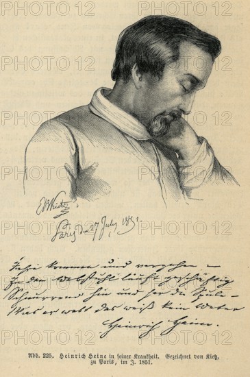 Heinrich Heine 1797-1856, drawn by Kietz in 1851, Heine als kranker Mann, Deutsche Literaturgeschichte, by Robert König, 9th edition from 1881