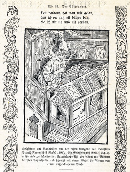 Scholar with a fool's cap and books he does not understand. Woodcut from Das Narrenschiff from 1494, German literary history, by Robert König, 9th edition from 1881