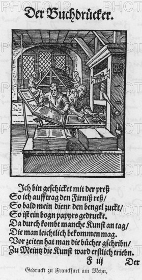 The printer, description of all classes on earth, 1568, woodcut by Jost Amman from Könnecke Bilderatlas zur Geschichte der Deutschen Litteratur Marburg, 1887