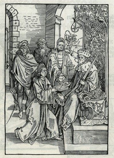 Konrad Celtes (1459-1508) presents Elector Frederick of Saxony with the works of Roswitha, from Könnecke Bilderatlas zur Geschichte der Deutschen Litteratur Marburg, 1887
