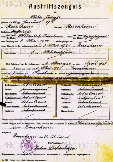 Transfer certificate for pupil Joseph Weber from the Volkshauptschule to the Oberrealschule Rosenheim dated 25 February 1925