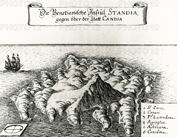 Engraving, The island of Spina Longa, Crete, Greece, place of internment of the Bavarian relief troops after the capitulation of Candia, 1670