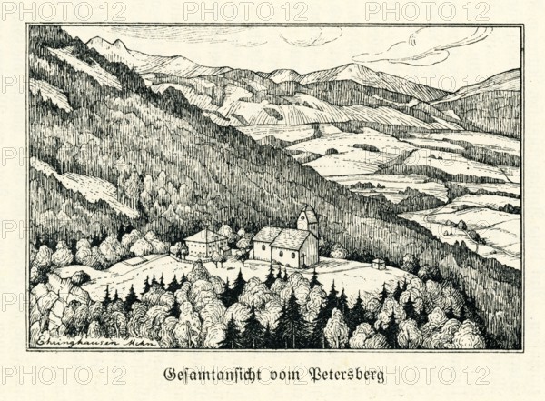 Church in the mountain landscape, reproduction church guide from 1911 Petersberg pilgrimage church, municipality of Flintsbach, Bavarian Inn Valley, Upper Bavaria