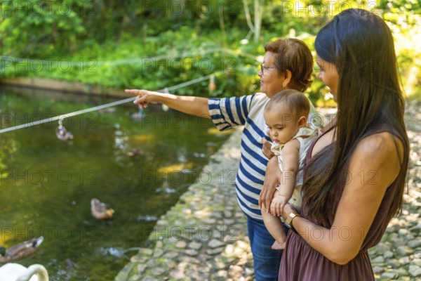 Grandmother joyfully pointing at ducks while enjoying a sunny day at the park with her daughter and granddaughter, celebrating family togetherness