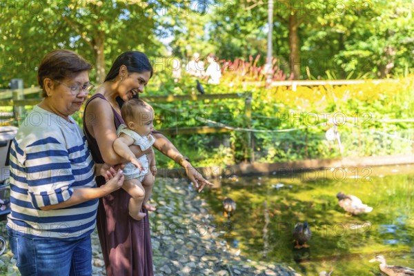 Grandmother, mother, and granddaughter enjoying a sunny day at the park, observing ducks swimming in a pond