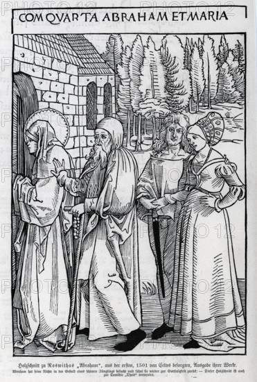 Abraham has visited his niece and leads her back to godliness, woodcut 1501, from Könnecke Bilderatlas zur Geschichte der Deutschen Litteratur Marburg, 1887