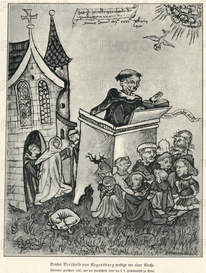 Brother Bernhard of Regensburg (1272) preaching in front of a church, miniature from 1477, from Könnecke Bilderatlas zur Geschichte der Deutschen Litteratur Marburg, 1887
