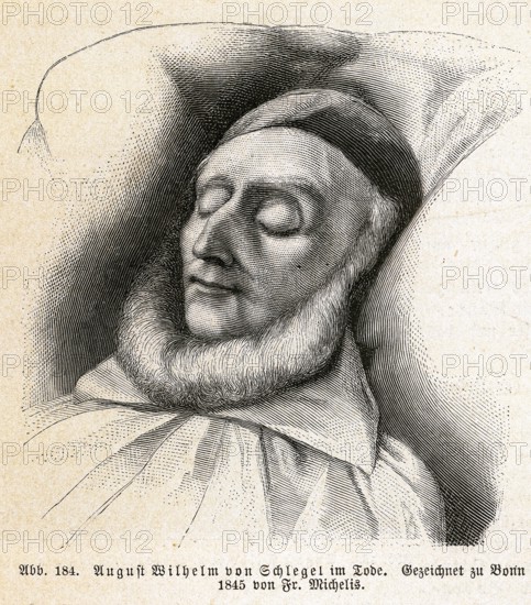 August Wilhelm von Schlegel 1767-1845 literary historian literary critic, translator, ancient philologist and Indologist, drawn on his deathbed by Fr. Michaelis, Deutsche Literaturgeschichte, by Robert König, 9th edition of 1881