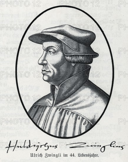 Ulrich (Huldrich) Zwingli (1484-1531) Woodcut by Albrecht Dürer, from Könnecke Bilderatlas zur Geschichte der Deutschen Litteratur Marburg, 1887