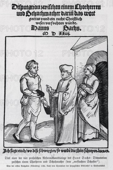 Disputation between a canon and the shoemaker 1524, from Könnecke Bilderatlas zur Geschichte der Deutschen Litteratur Marburg, 1887