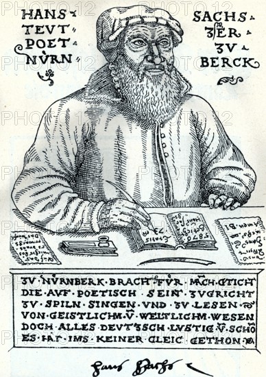 Hans Sachs at the age of 73 (1494-1576), from Könnecke Bilderatlas zur Geschichte der Deutschen Litteratur Marburg, 1887