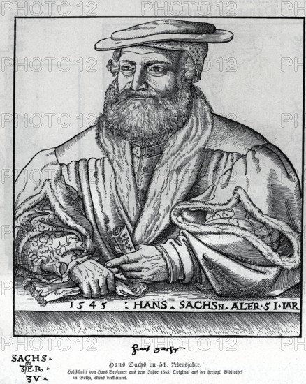 Hans Sachs at the age of 51 (1494-1576), from Könnecke Bilderatlas zur Geschichte der Deutschen Litteratur Marburg, 1887
