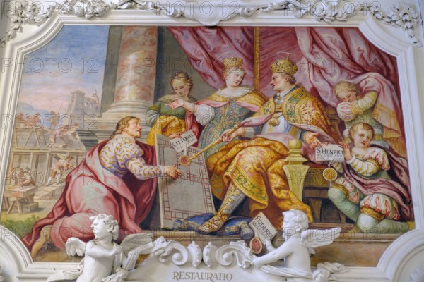 Asam, H.G., Promotion of the Benedictine monastery of Tegernsee by Emperor Henry II (1014-1024) and Empress Cunegonde, fresco, c. 1690, Frescoes, Tegernsee monastery church, at Tegernsee, Upper Bavaria, Bavaria, Germany