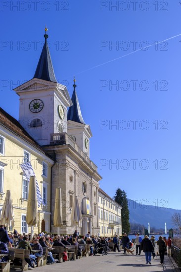 Tegernsee Monastery Church, with Bräustüberl, at Tegernsee, Upper Bavaria, Bavaria, Germany