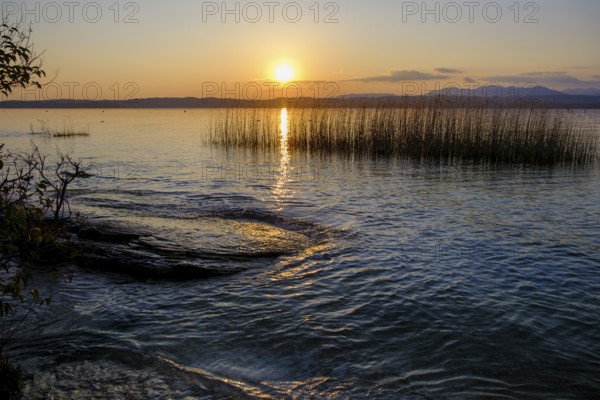 Sunset at Lido delle Grotte, Jamaica Beach, Sirmione on Lake Garda, Veneto, Veneto, Italy