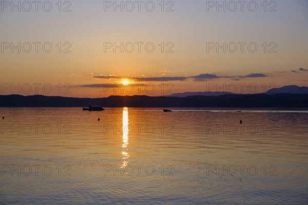 Sunset at Lido delle Grotte, Jamaica Beach, Sirmione on Lake Garda, Veneto, Veneto, Italy