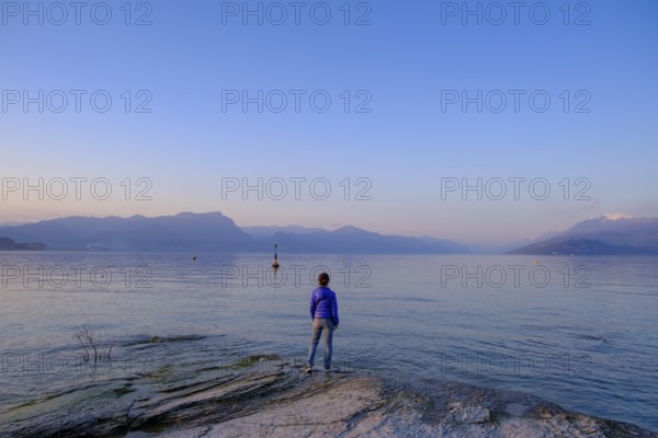 Sunset at Lido delle Grotte, Jamaica Beach, Sirmione on Lake Garda, Veneto, Veneto, Italy