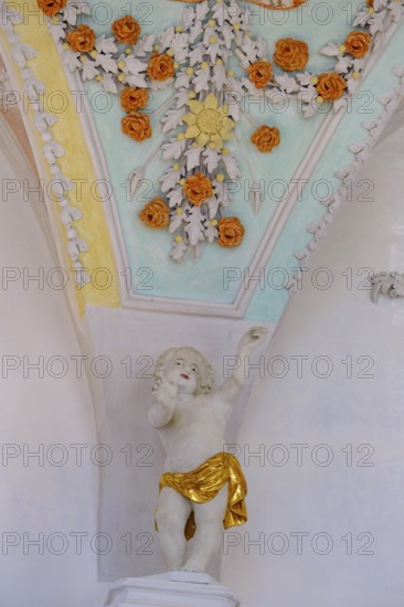 Stucco, flowers, putti, St Kilian's parish church, Bad Heilbrunn, Upper Bavaria, Bavaria, Germany