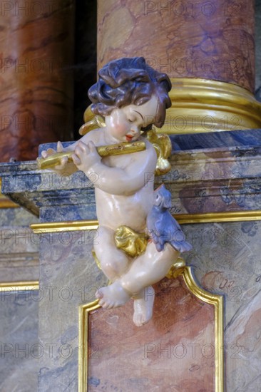 Angel, putto, cherub, playing music, St Kilian's parish church, Bad Heilbrunn, Upper Bavaria, Bavaria, Germany