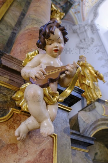 Angel, putto, cherub, playing music, St Kilian's parish church, Bad Heilbrunn, Upper Bavaria, Bavaria, Germany