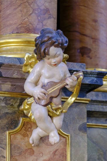 Angel, putto, cherub, playing music, St Kilian's parish church, Bad Heilbrunn, Upper Bavaria, Bavaria, Germany