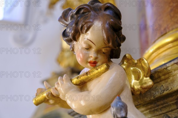 Angel, putto, cherub, playing music, St Kilian's parish church, Bad Heilbrunn, Upper Bavaria, Bavaria, Germany