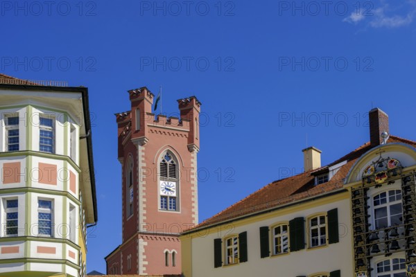 District court with glockenspiel and town tower, town square, Furth im Wald, Bavarian Forest, Upper Palatinate, Bavaria, Germany