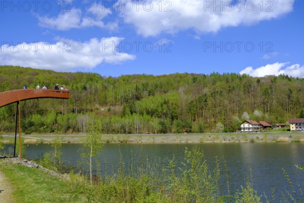 Iron bridge sculpture, viewpoint, Drachensee, Furth im Wald, Bavarian Forest, Upper Palatinate, Bavaria, Germany