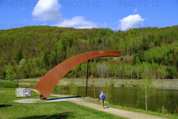 Iron bridge sculpture, viewpoint, Drachensee, Furth im Wald, Bavarian Forest, Upper Palatinate, Bavaria, Germany