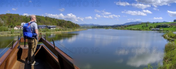 Iron bridge sculpture, viewpoint, Drachensee, Furth im Wald, Bavarian Forest, Upper Palatinate, Bavaria, Germany