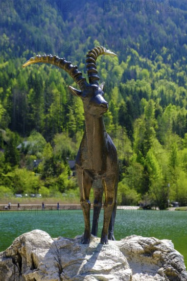 Ibex sculpture at Jasna Lake in Triglav National Park, Kranjska Gora, Upper Carniola, Julian Alps, Slovenia