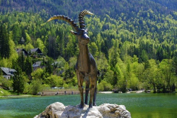 Ibex sculpture at Jasna Lake in Triglav National Park, Kranjska Gora, Upper Carniola, Julian Alps, Slovenia