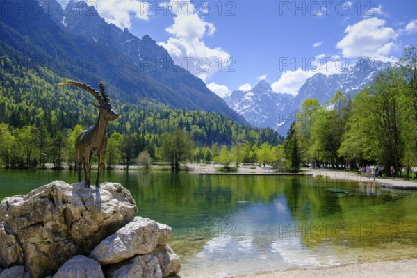 Ibex sculpture at Jasna Lake in Triglav National Park, Kranjska Gora, Upper Carniola, Julian Alps, Slovenia