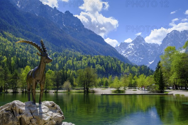 Ibex sculpture at Jasna Lake in Triglav National Park, Kranjska Gora, Upper Carniola, Julian Alps, Slovenia
