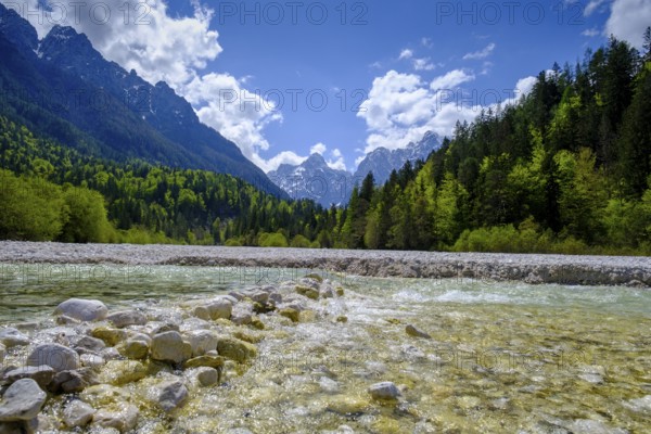 Pisnica stream at Jasna Lake in Triglav National Park, Kranjska Gora, Upper Carniola, Julian Alps, Slovenia
