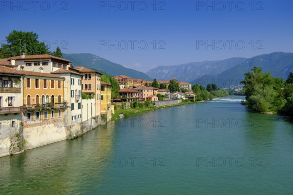 Old town centre on the Brenta, from the Ponte degli Alpini, Bassano del Grappa, Veneto, Italy
