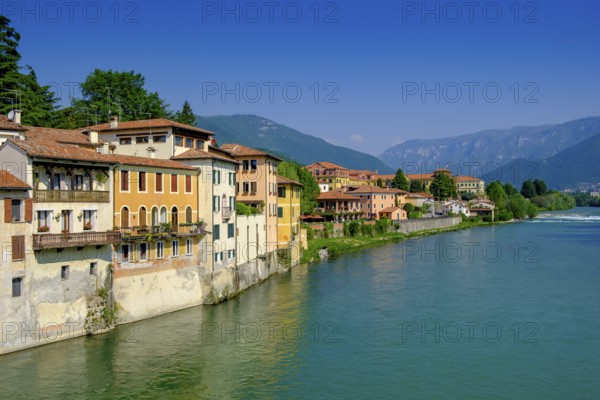 Old town centre on the Brenta, from the Ponte degli Alpini, Bassano del Grappa, Veneto, Italy