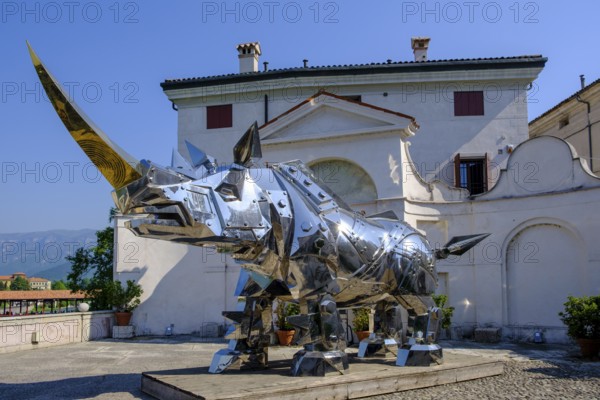King Kong Rhino, silver rhinoceros, by Li-Jen Shih, at Palazzo Sturm, Bassano del Grappa, Veneto, Italy
