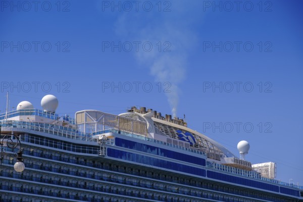 Exhaust fumes, combustion, cruise ship, Majestic Princess, Riva del Mandracchio, promenade, Trieste, Adriatic Sea, Friuli Venezia Giulia region, Italy
