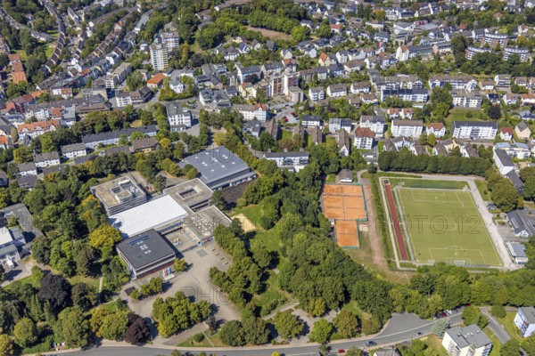 Aerial view, Bergstadt Gymnasium und Sportanlage Honsel Fußballstadion, Lüdenscheid-Stadt, Lüdenscheid, Sauerland, North Rhine-Westphalia, Germany, education, educational institution, DE, Europe, football, football field, football stadium, grammar school, educational institute, aerial view, aerial photography, aerial photography, Märkischer Kreis, school, sports, sports facility, sports field, tennis, tennis facility, tennis court, tennis courts, overview, bird's eye view, birds-eyes view, overview