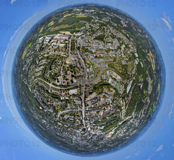 Aerial view, city centre view, street crossing Rahmedestraße and Heedfelder Straße, earth globe, fisheye image, 360 degree image, tiny world, little planet, fisheye image, Lüdenscheid city, Lüdenscheid, Sauerland, North Rhine-Westphalia, Germany, City, DE, Europe, city centre view, aerial view, aerial photography, aerial photography, Ruhr area, overview, bird's eye view, birds-eyes view, overview