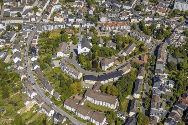 Aerial view, residential area Graf-von-Galen-Straße and cath. Church Maria Königin, Lüdenscheid City, Lüdenscheid, Sauerland, North Rhine-Westphalia, Germany, place of worship, DE, Europe, religious community, place of worship, property tax, holy site, real estate, church, church community, denomination, aerial view, aerial photography, aerial photography, Märkischer Kreis, religion, religious site, overview, bird's eye view, residential complex, living and life, residential area, residential quality, residential neighbourhood, residential estate, residential district, bird's eye view, overview