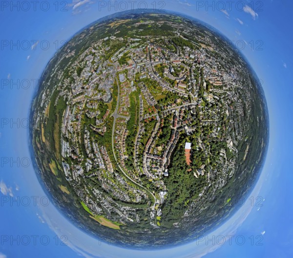 Aerial view, city centre view, park and residential area Im Winkel, earth globe, fisheye shot, fisheye shot, 360 degree shot, tiny world, little planet, fisheye image, Lüdenscheid city, Lüdenscheid, Sauerland, North Rhine-Westphalia, Germany, City, DE, Europe, property tax, real estate, city centre view, aerial view, aerial photography, aerial photography, Ruhr area, overview, bird's-eye view, residential area, living and life, residential area, residential quality, residential quarter, housing estate, residential district, birds-eyes view, overview