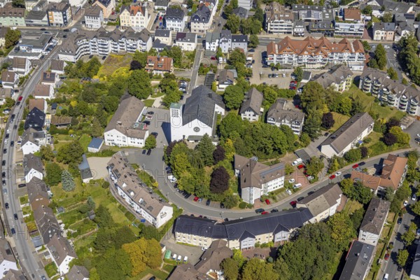 Aerial view, residential area Graf-von-Galen-Straße and cath. Church Maria Königin, Lüdenscheid City, Lüdenscheid, Sauerland, North Rhine-Westphalia, Germany, place of worship, DE, Europe, religious community, place of worship, property tax, holy site, real estate, church, church community, denomination, aerial view, aerial photography, aerial photography, Märkischer Kreis, religion, religious site, overview, bird's eye view, residential complex, living and life, residential area, residential quality, residential neighbourhood, residential estate, residential district, bird's eye view, overview