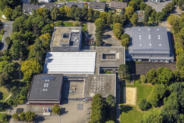 Aerial photo, Bergstadt Gymnasium and sports facility Honsel football stadium, Lüdenscheid town, Lüdenscheid, Sauerland, North Rhine-Westphalia, Germany, education, educational institution, DE, Europe, grammar school, educational institute, aerial photography, aerial photography, aerial photography, Märkischer Kreis, school, overview, bird's-eye view, overview