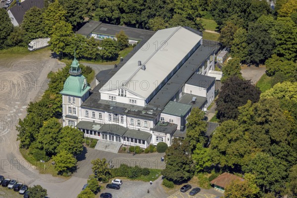 Aerial view, Historic New Schützenhalle Lüdenscheid with tower, event location Schützengesellschaft, Lüdenscheid town, Lüdenscheid, Sauerland, North Rhine-Westphalia, Germany, customs, DE, Europe, events, culture, art, aerial view, aerial photography, aerial photography, Märkischer Kreis, Schützenbruderschaft, Schützengesellschaft, Schützenhalle, Schützenhaus, Schützenverein, theatre, tradition, overview, events, event location, event venue, bird's eye view, birds-eyes view, cultural use, overview