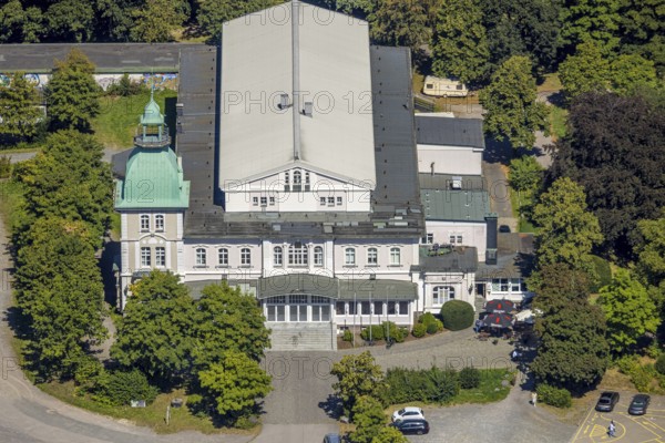 Aerial view, Historic New Schützenhalle Lüdenscheid with tower, event location Schützengesellschaft, Lüdenscheid town, Lüdenscheid, Sauerland, North Rhine-Westphalia, Germany, customs, DE, Europe, events, culture, art, aerial view, aerial photography, aerial photography, Märkischer Kreis, Schützenbruderschaft, Schützengesellschaft, Schützenhalle, Schützenhaus, Schützenverein, theatre, tradition, overview, events, event location, event venue, bird's eye view, birds-eyes view, cultural use, overview